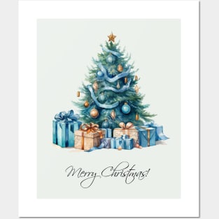 Vintage Blue Christmas Tree Watercolor Art Posters and Art